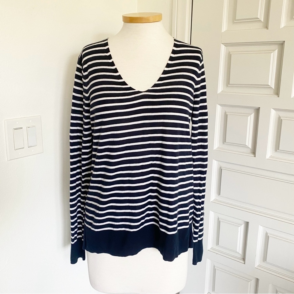GAP Navy & White Striped Sweater Nautical Lightweight V-Neck